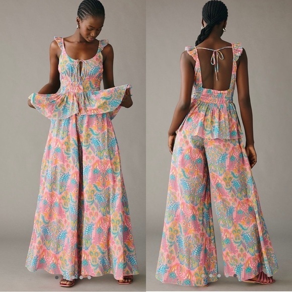 NWT ANTHROPOLOGIE LOVE THE LABEL Eva Floral Ruffled Pink Jumpsuit Sz S